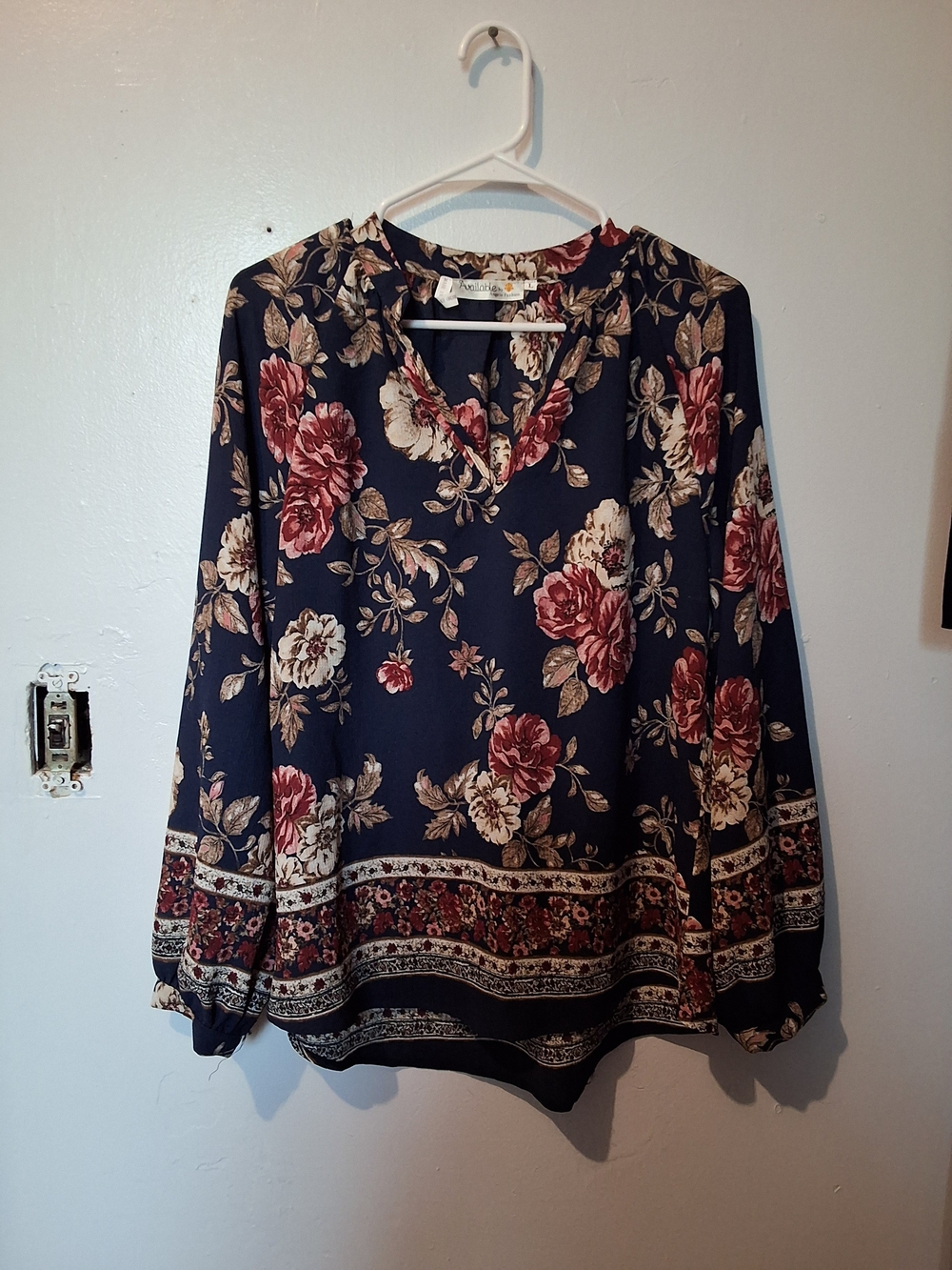 Floral V-Neck Long-Sleeve Blouse - Navy with Burgundy Rose Print